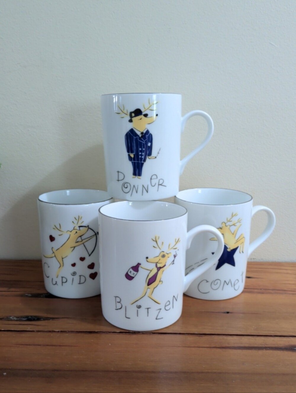 Pottery Barn Porcelain Reindeer Mugs Retired Set